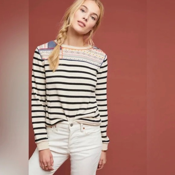 Anthropologie Sweaters - Anthropologie Maeve Finn Striped Pullover Sweater SZ XL Black Cream